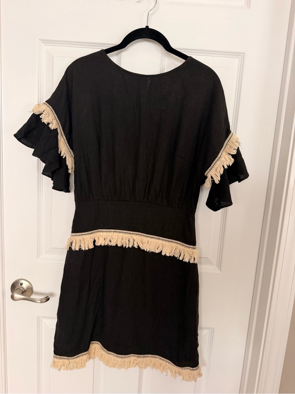 Black Mini Dress with Cream Fringe Trim